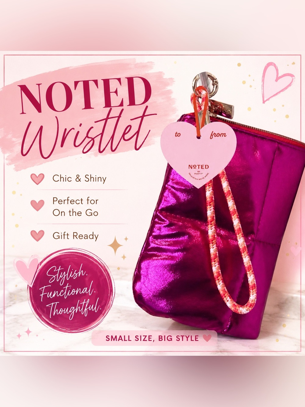 Noted by Post-It Fuchsia Puffer Wristlet Clutch NWT